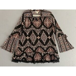 Style & Co Women M Bell Sleeve Tunic Top Fairy Grunge Black Lace Brown Boho Folk